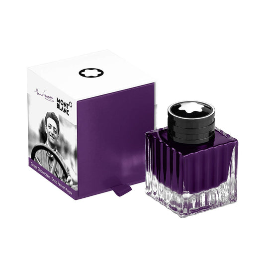 A square glass bottle containing 50 ml of Montblanc's Great Characters Enzo Ferrari purple ink is positioned next to a purple and white box. The box displays a black and white photo along with "Montblanc" branding, highlighting the special edition color.