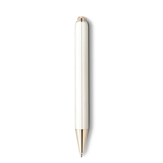 The Montblanc Heritage Rouge et Noir Baby Special Edition Ivory Coloured Rollerball Pen is a sophisticated writing instrument, featuring a gold tip and clip. Displayed against a white background in an elegant vertical position, it embodies timeless classic sophistication.