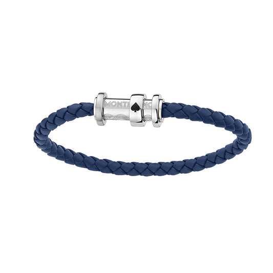 Introducing the Montblanc Around the World in 80 Days Ace of Spade Bracelet: This sleek and minimalist piece combines a blue leather band with a silver clasp and decorative silver beads, all featuring an elegant spade symbol. Its woven texture with metallic accents echoes the iconic style of the Montblanc Meisterstuck collection.