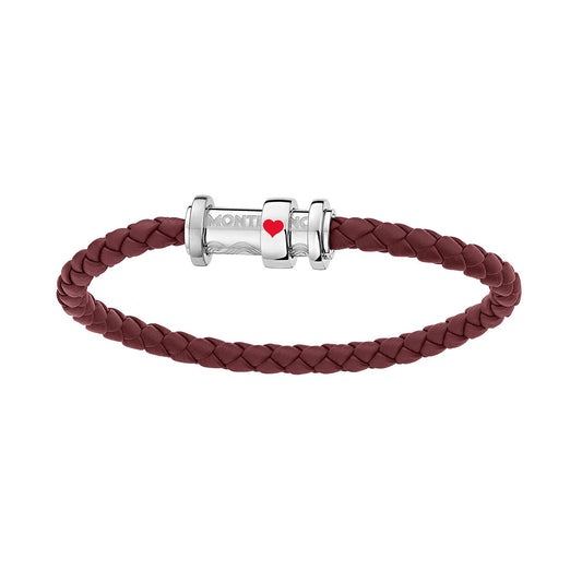 Introducing the Montblanc: Around the World in 80 Days Ace of Spade Bracelet, a sophisticated and charming accessory crafted from stylish braided brown leather with a polished silver clasp. This elegant piece, featuring a red heart design, is perfect for any occasion.