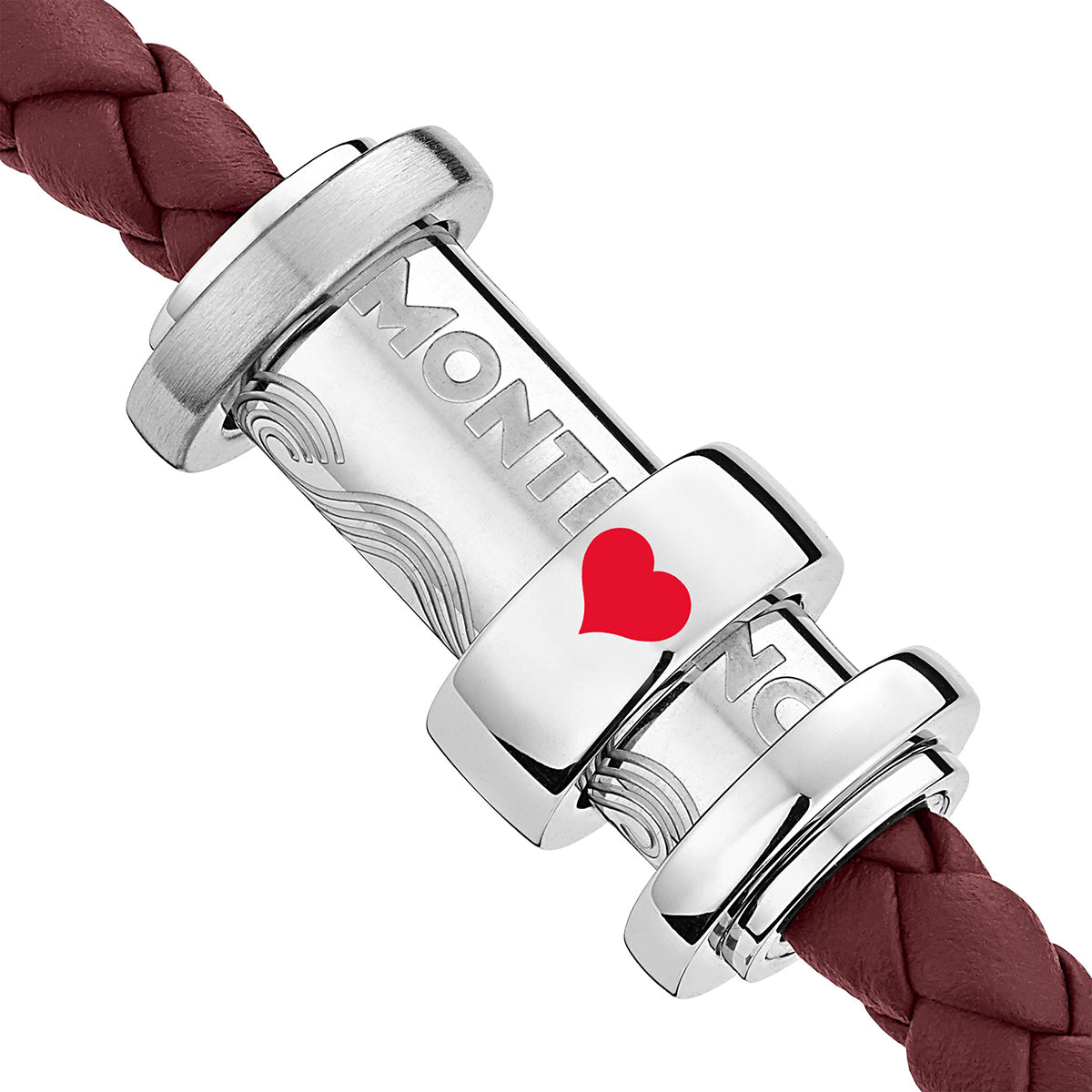 Close-up of a metallic clasp on a brown braided leather bracelet, showcasing the word "MONTC" along with a red heart symbol on the metal. This elegant piece mirrors the craftsmanship found in the Montblanc Around the World in 80 Days Ace of Spade Bracelet.