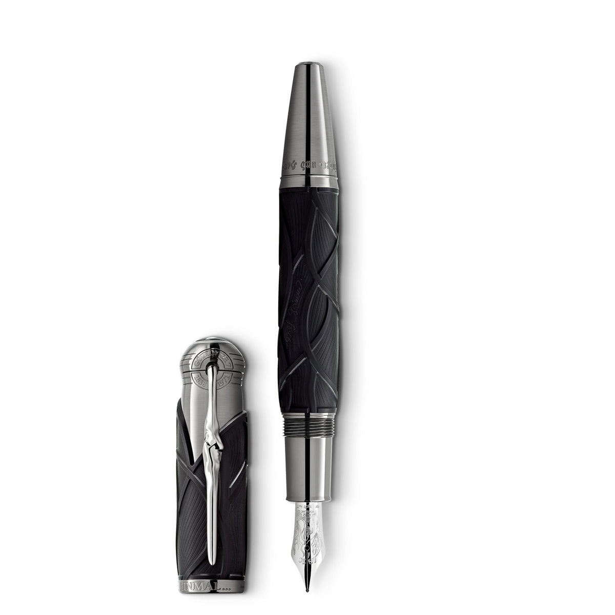 A sleek Montblanc Writers Edition Homage to the Brothers Grimm Limited Edition Fountain Pen in black with silver accents displays intricate patterns on the cap and body against a white background. The elegant pen, with its cap positioned beside the nib, embodies precision and sophistication.