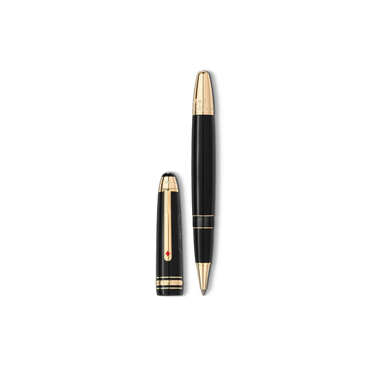 A sophisticated Montblanc Meisterstück Around the World in 80 Days LeGrand Rollerball Pen, featuring sleek black and gold details, with a matching cap. The pen is displayed vertically, showcasing its anthracite precious resin body, while the cap is placed horizontally on a simple white background, embodying Montblanc's signature elegance.