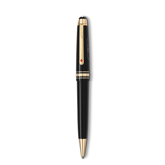 The Montblanc Meisterstück Around the World in 80 Days Midsize Ballpoint Pen, featuring a sleek black design with gold accents and a shiny finish, embodies elegance and unique charm. Inspired by 'Around the World in 80 Days,' it boasts a pointed end, a stylish gold clip, and a small red symbol near the top. Perfect for those seeking sophistication and distinctiveness.