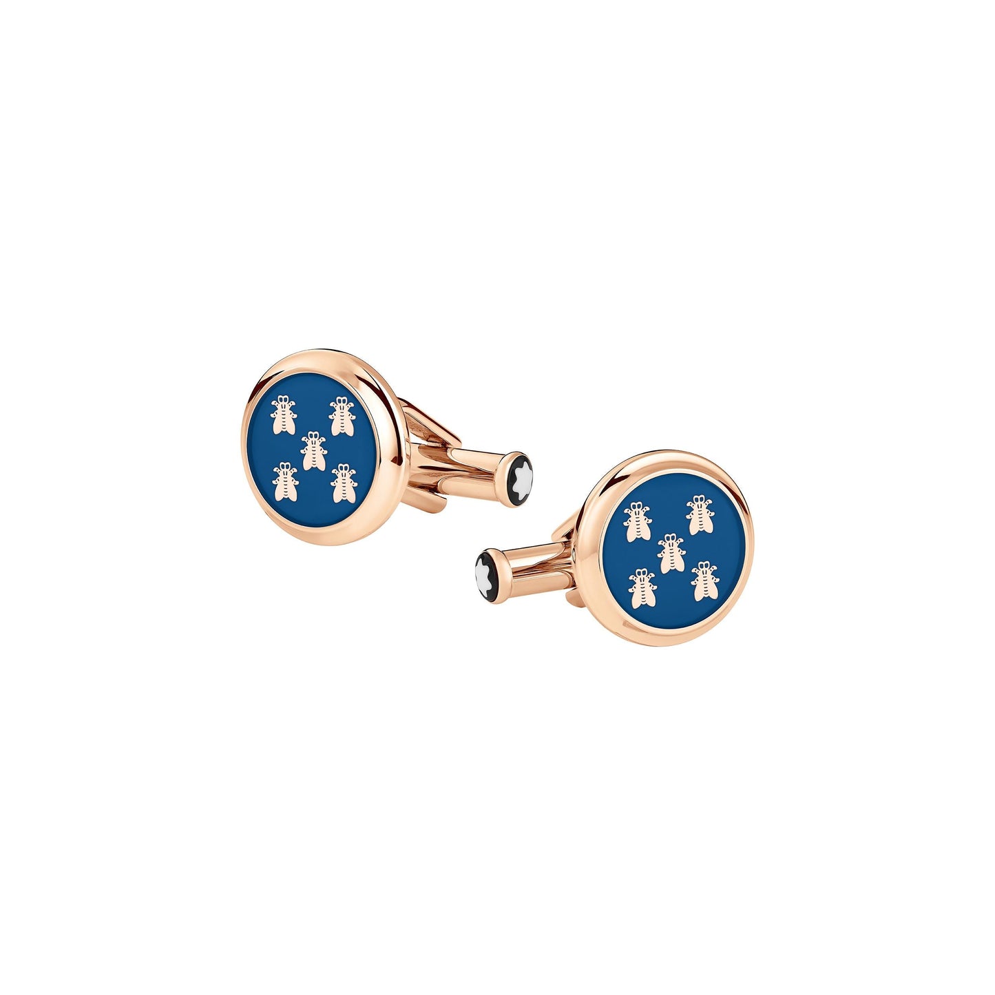 Montblanc presents their luxury cufflinks, featuring a round design with a glossy blue center embellished with white bee motifs. The stainless steel border and backing boast a gold-tone finish, exuding sophistication and elegance.