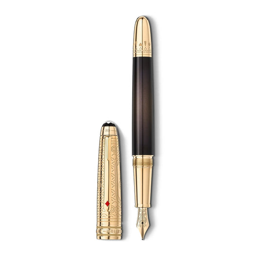 The Montblanc Meisterstück Around the World in 80 Days Classique Fountain Pen, with its elegant gold finish and intricate cap designs, stands vertically alongside its matching top. Its black gradient toward the top exudes a touch of luxury that captures Jules Verne's adventurous spirit.
