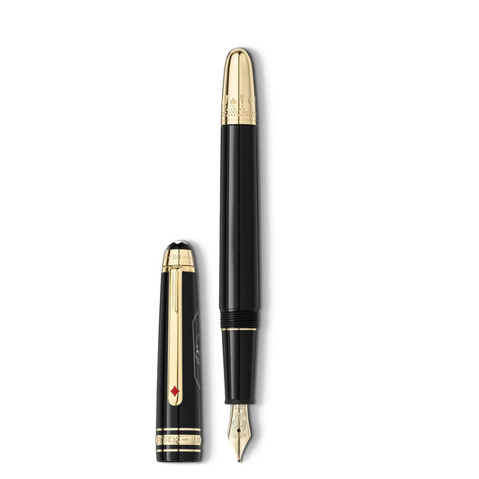Explore the Montblanc Meisterstück Around the World in 80 Days Classique Fountain Pen—a luxury writing instrument meticulously crafted from anthracite precious resin. It showcases a black body with gold accents, complemented by a polished gold nib and cap adorned with intricate detailing, along with a small red emblem displayed vertically against a plain backdrop.