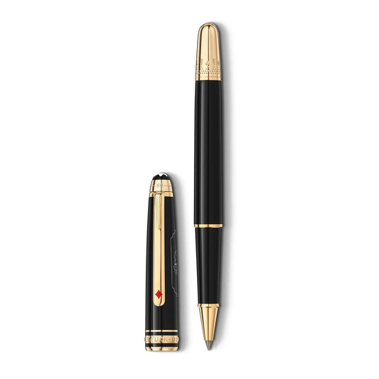 Introducing the Montblanc Meisterstuck Around the World in 80 Days Classique Rollerball Pen, a sophisticated writing instrument crafted with anthracite precious resin and elegant gold trim accents. This stylish black and gold pen includes a separate cap that complements the pen body.