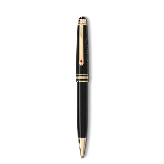A sophisticated Montblanc Meisterstück Around the World in 80 Days Classique Ballpoint Pen, finished in sleek black with gold accents and a clip featuring a subtle red emblem. The polished design exudes classic elegance against a simple white backdrop.