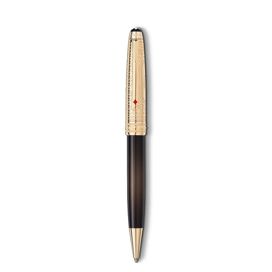 The Montblanc Meisterstück Around the World in 80 Days Doue Classique Ballpoint Pen, showcasing a luxurious gold-tone cap with intricate engravings and a sleek black gradient barrel, stands vertically against a plain white background.