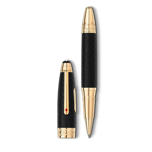 The Montblanc Meisterstück Around the World in 80 Days Solitaire LeGrand Rollerball Pen, a luxurious black and gold writing instrument inspired by Jules Verne's adventure novel "Around the World in 80 Days," is displayed with its golden cap placed upright beside it, embodying timeless elegance.