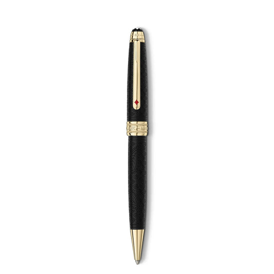 The Montblanc Meisterstück Around The Work In 80 Days Solitaire Midsize Ballpoint Pen, in black with gold accents and a texture inspired by Jules Verne's adventurous spirit, is showcased elegantly against a white background.