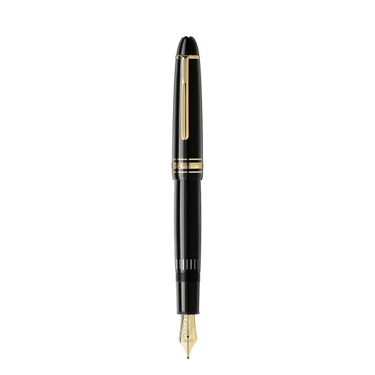 The Montblanc Meisterstück Le Grand Calligraphy Flexible Nib Fountain Pen, boasting a luxurious black finish with gold accents and a flexible nib, is positioned upright against a white background.