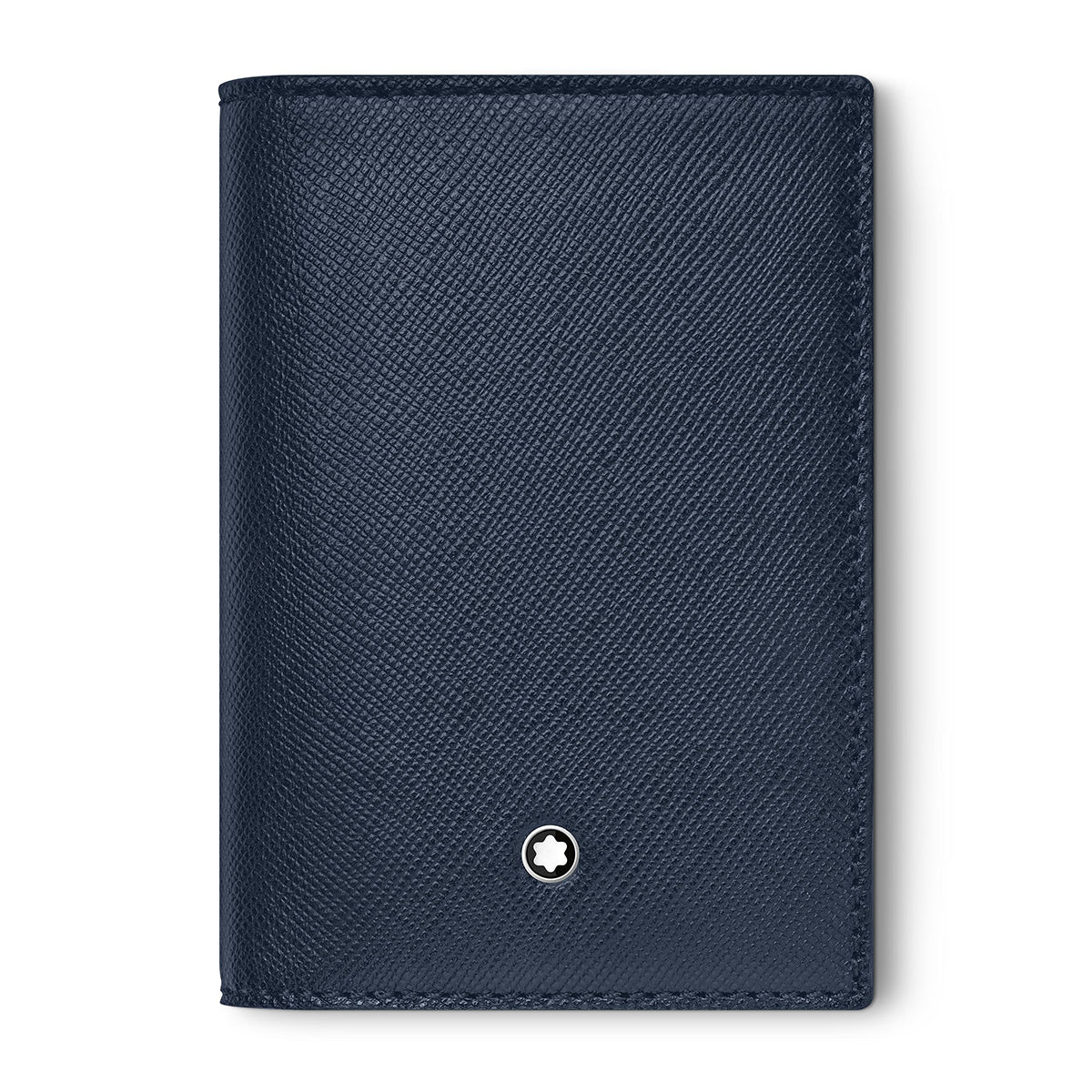 The Montblanc Sartorial Leather Business Card Holder, crafted in dark blue textured leather, is adorned with a small circular emblem featuring a white star at the bottom.