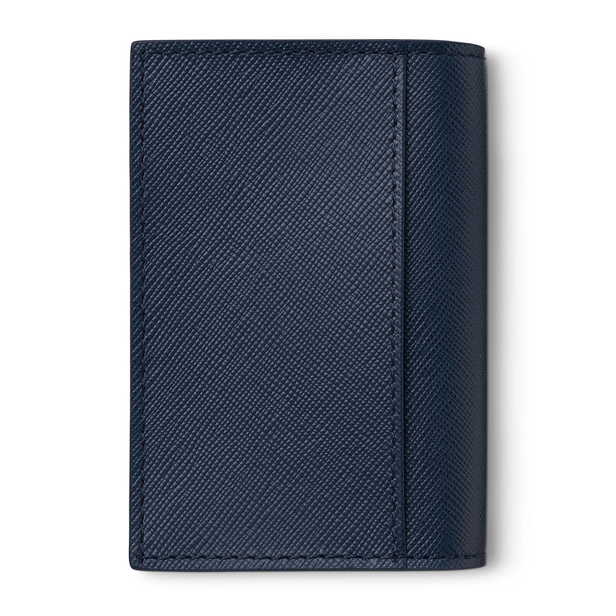 The Montblanc Sartorial Leather Business Card Holder, in a deep navy hue, embodies a simple and elegant design. The vertically oriented holder is displayed against a plain white background, highlighting its refined craftsmanship, ideal for those interested in style number 128590.