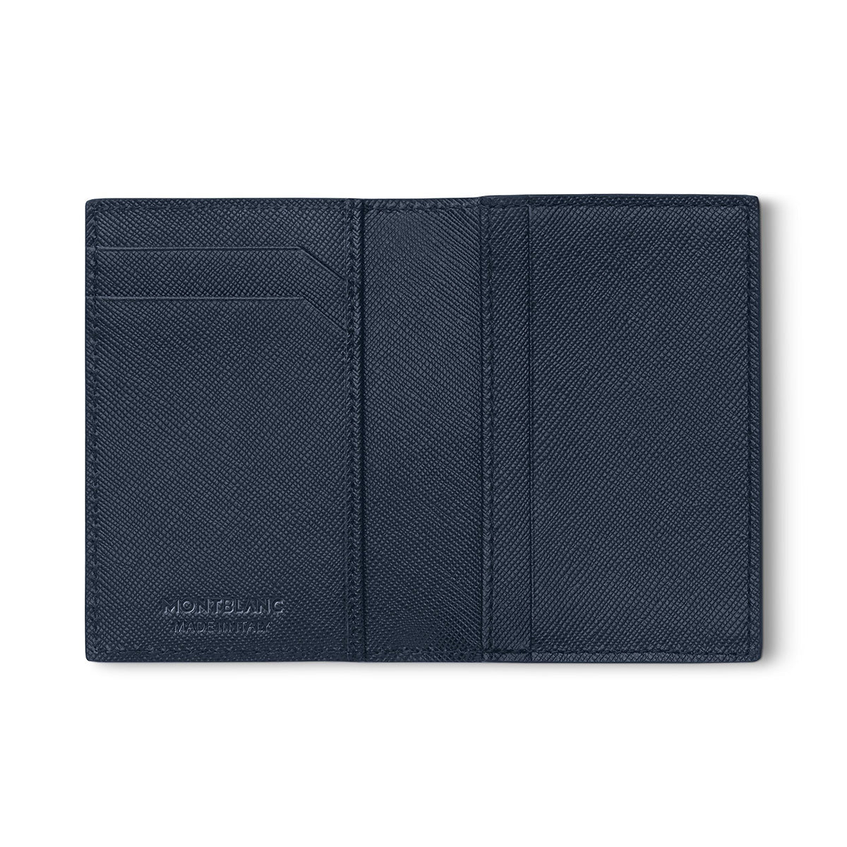 The Montblanc Sartorial Leather Business Card Holder in navy blue highlights a textured surface, with three card slots on the left side and the renowned Montblanc logo embossed at the bottom.