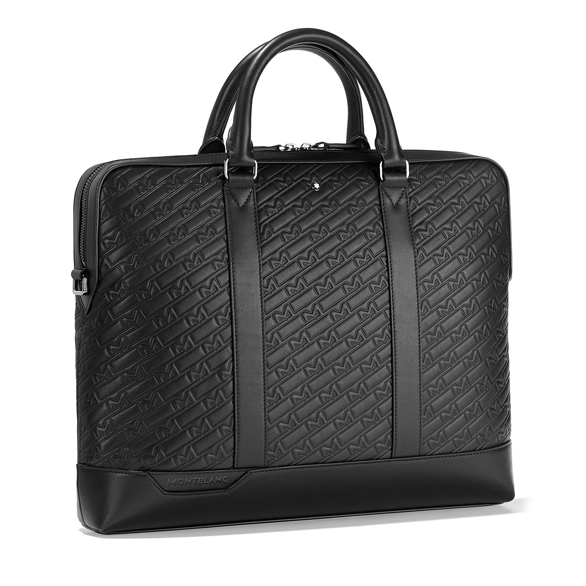 The Montblanc M Gram 4810 Slim Black Leather Document Case showcases an embossed pattern of interconnected "M" designs. It is equipped with two sturdy handles and a smooth zip closure, featuring the Montblanc logo near the bottom.