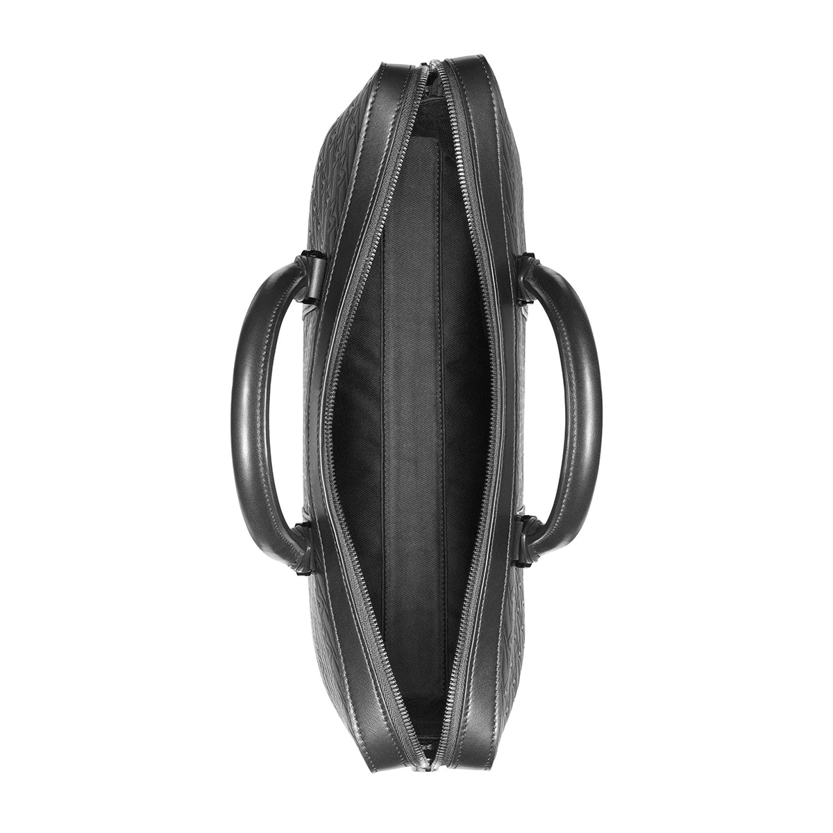 Top view of the elegant Montblanc M Gram 4810 Slim Black Leather Document Case, showcasing its two handles. The interior is spacious and includes a zippered compartment, while the exterior boasts a subtle texture and sophisticated design, all in classic black leather.