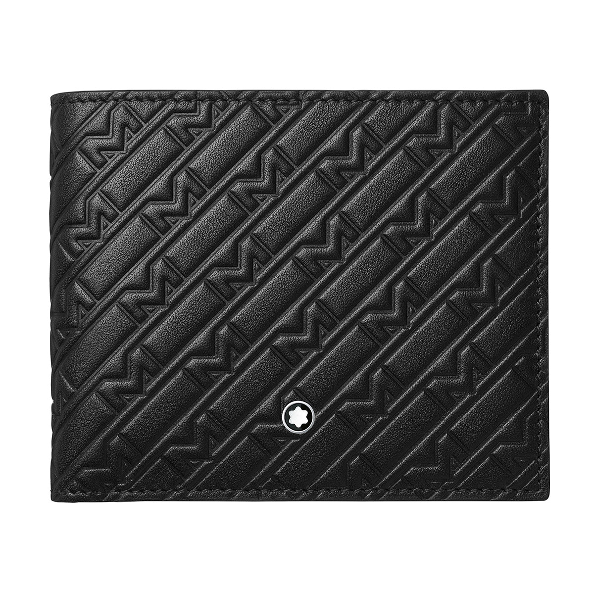 A Montblanc M-Gram Leather Wallet 8cc in black, showcasing a geometric embossed diagonal pattern and adorned with a small white star emblem on the front.