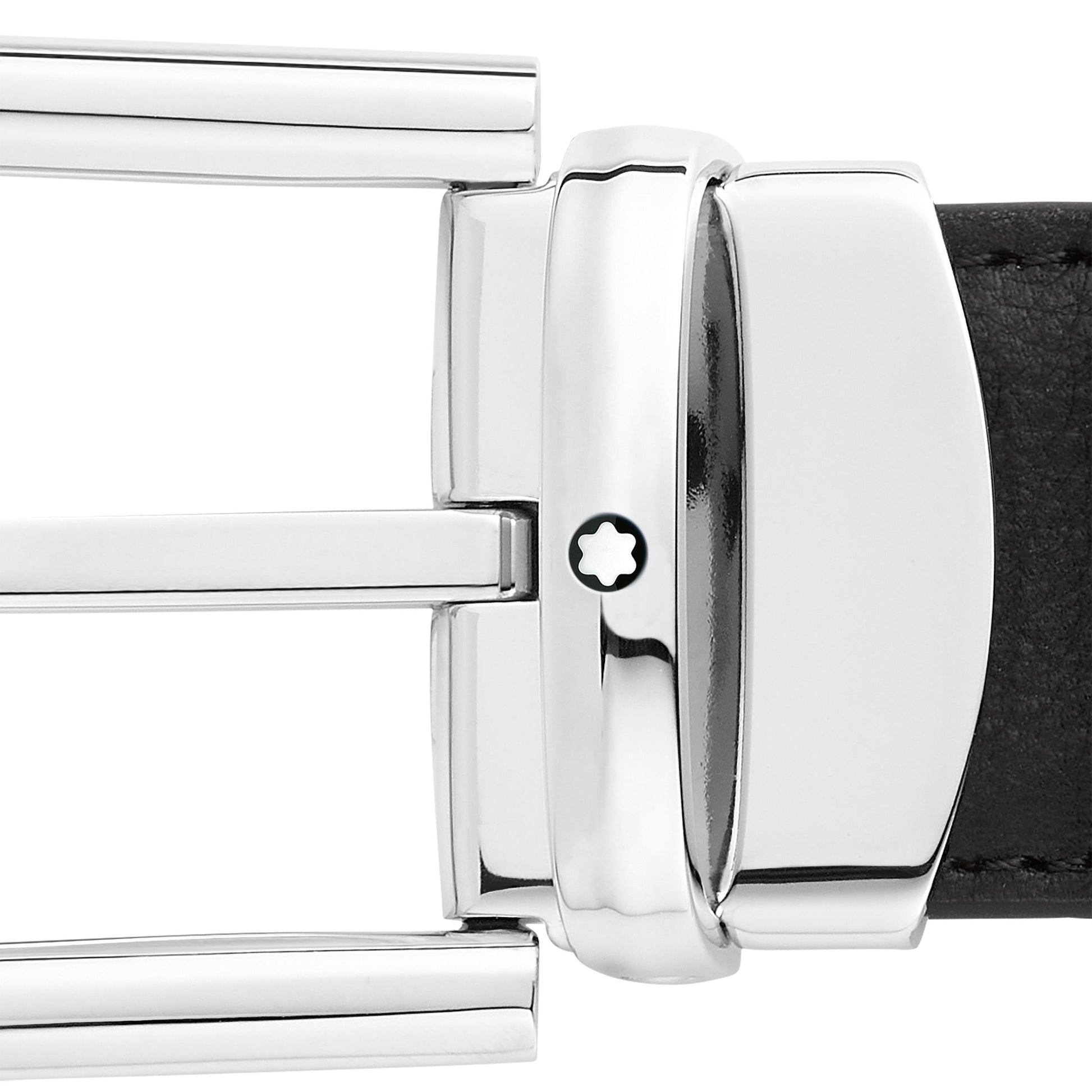 Close-up of a shiny silver belt buckle featuring a small star emblem, attached to the reversible black leather Montblanc Horseshoe Leather Belt. The rectangular buckle shines with a brilliant palladium finish.