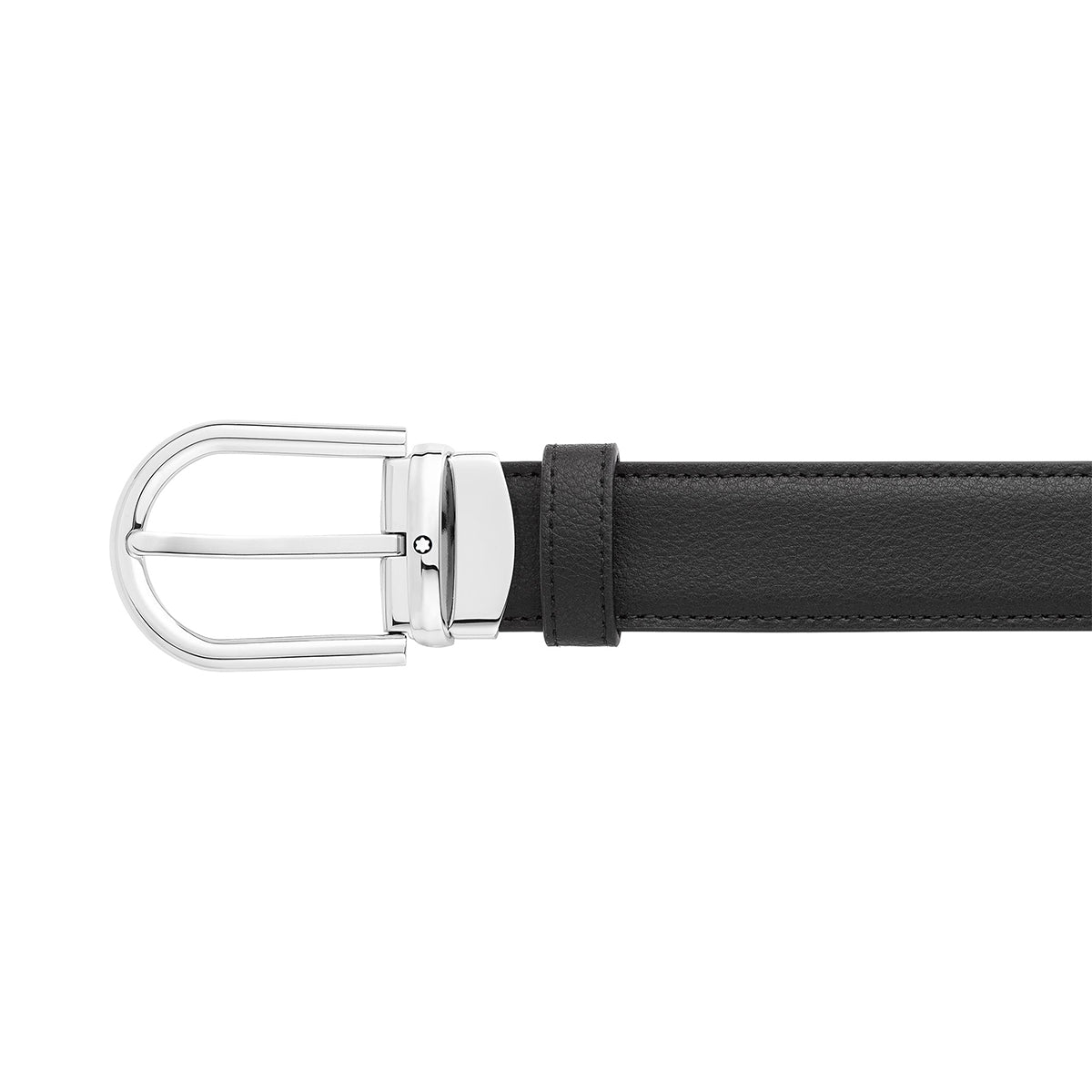 A close-up of the sleek Montblanc Horseshoe Leather Belt with a silver buckle on a white background. This black reversible leather belt showcases a smooth, polished design. The buckle, featuring a palladium finish, adds a shiny, classic touch to this sophisticated Montblanc accessory.