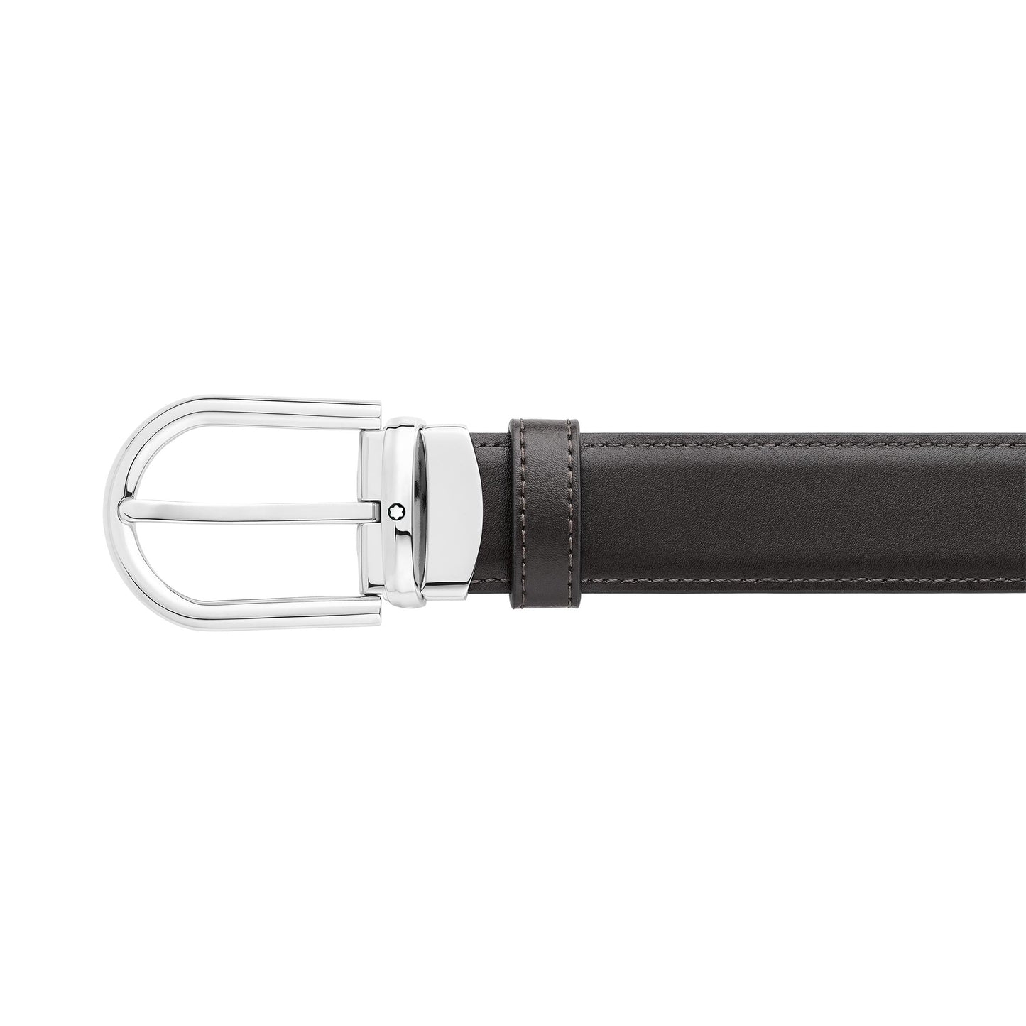 Displayed on a white background is the Montblanc Horseshoe Leather Belt, featuring sleek black leather and a shiny palladium finish buckle with two prongs. Its smooth texture and single loop contribute to its minimalist and classic design.