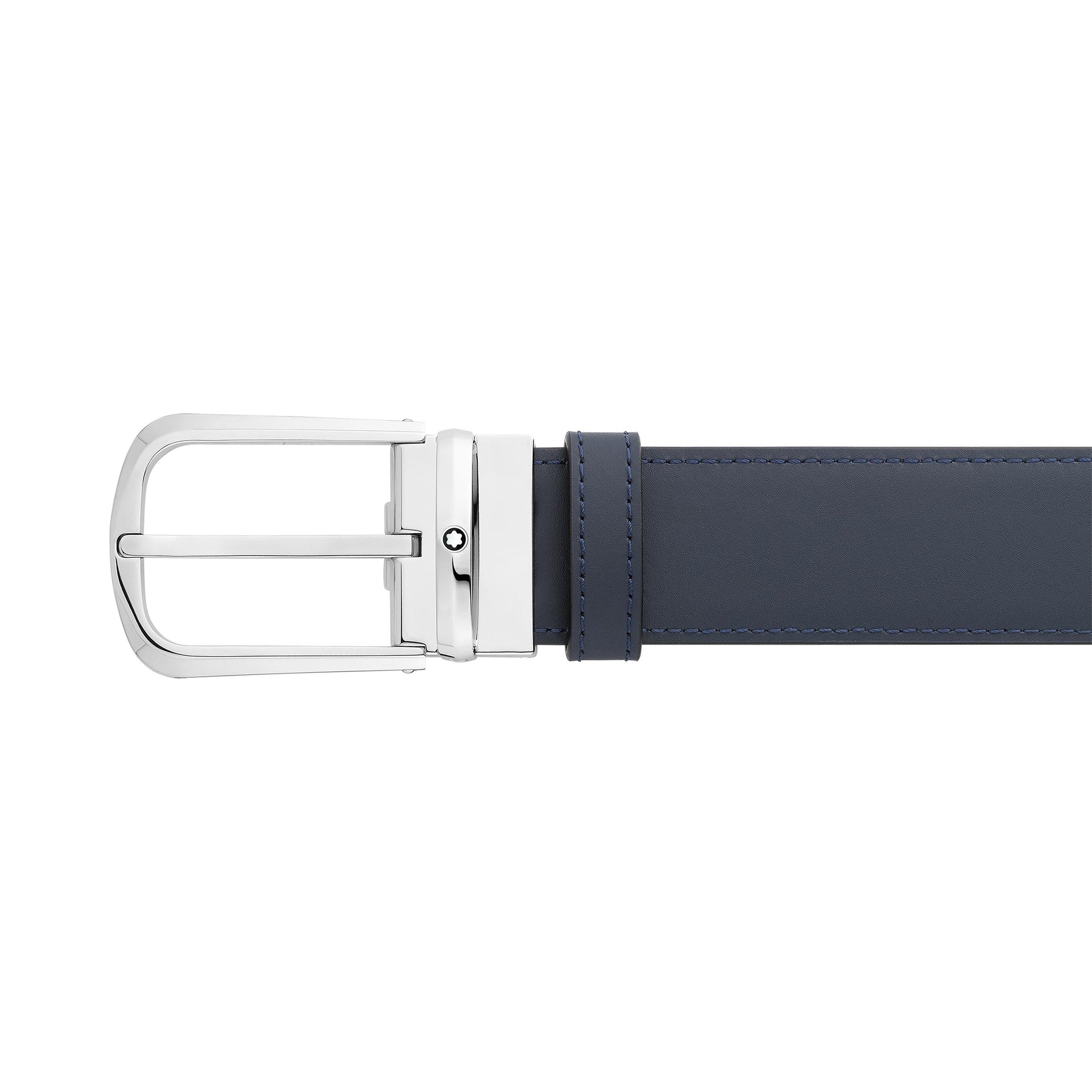 A sleek Montblanc Reversible Leather Belt in dark blue leather, featuring a polished stainless steel pin buckle. The belt boasts a smooth texture and neat stitching along the edges, providing a refined and elegant appearance, while the shiny design of the buckle adds a modern touch.