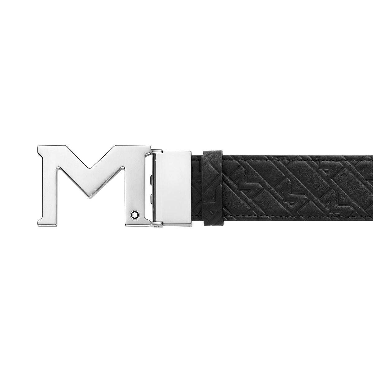 A Montblanc M Buckle Leather Belt featuring a reversible black leather design with embossed geometric patterns and a prominent silver "M" buckle.