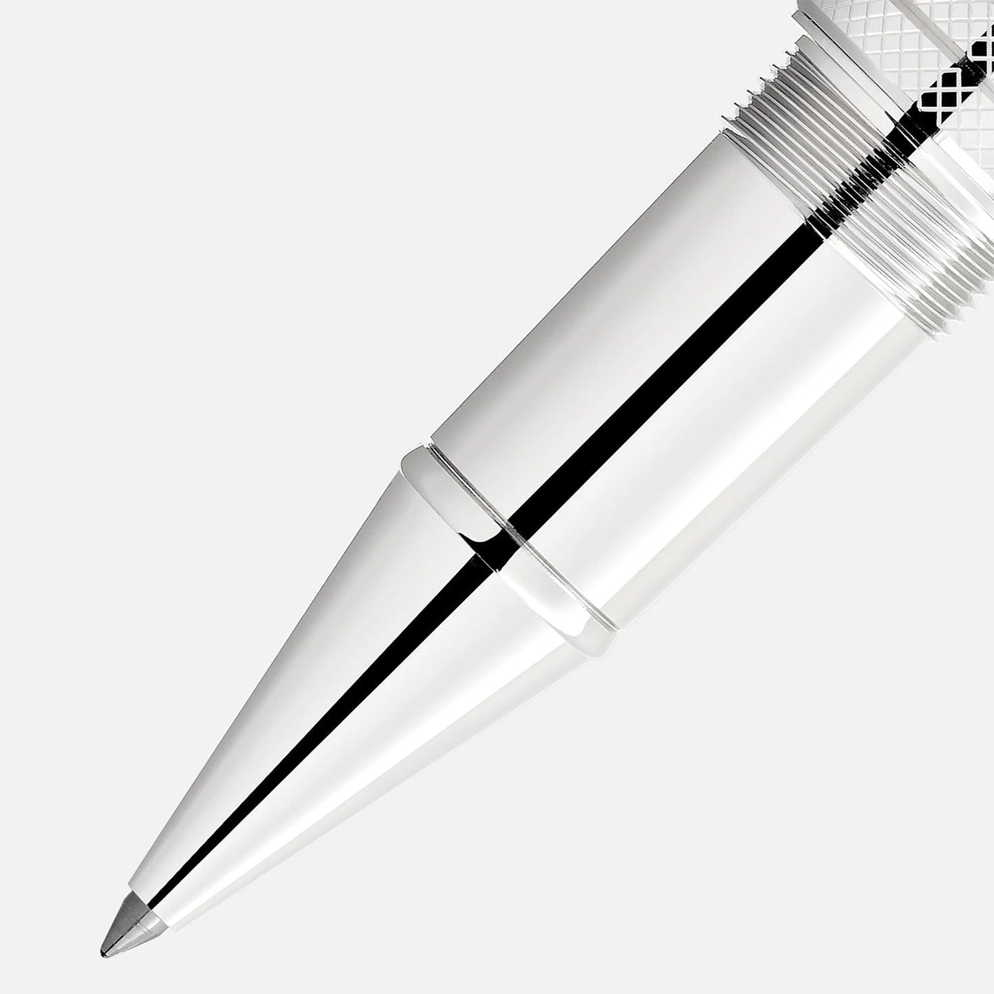 Close-up of the Montblanc Great Characters Jimi Hendrix Special Edition Rollerball Pen, showcasing its sleek, silver design. The gleaming metal surface captures the light, emphasizing its detailed craftsmanship. The plain light gray background enhances a minimalist aesthetic akin to the elegance of an electric guitar.