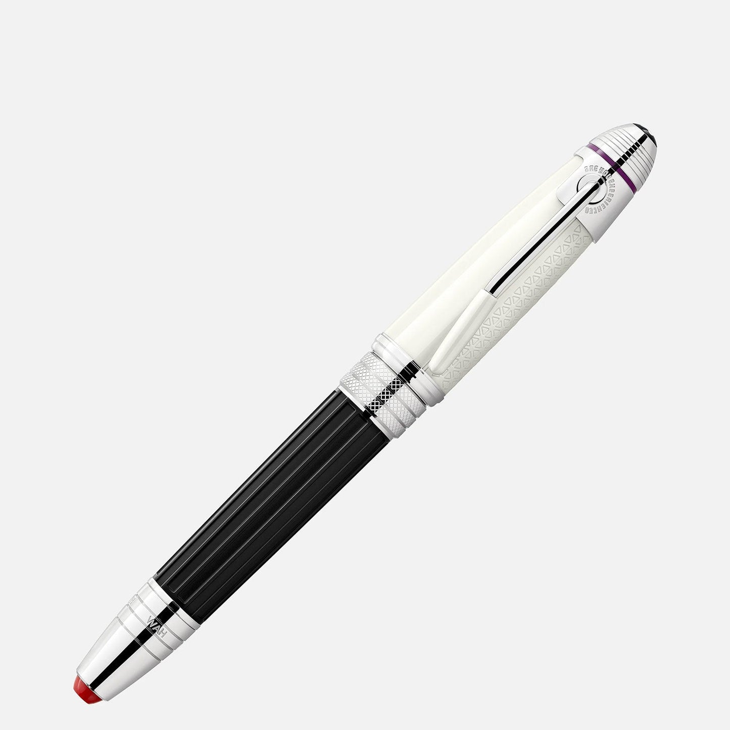 The Montblanc Great Characters Jimi Hendrix Special Edition Rollerball Pen is a luxury writing instrument with a sleek design, featuring sophisticated black and white segments, silver accents, and intricate detailing inspired by Montblanc. Adorned with a small emblem on the clip and completed with a red tip, this pen rests at a slight angle against a plain background, exuding an air of refined elegance.