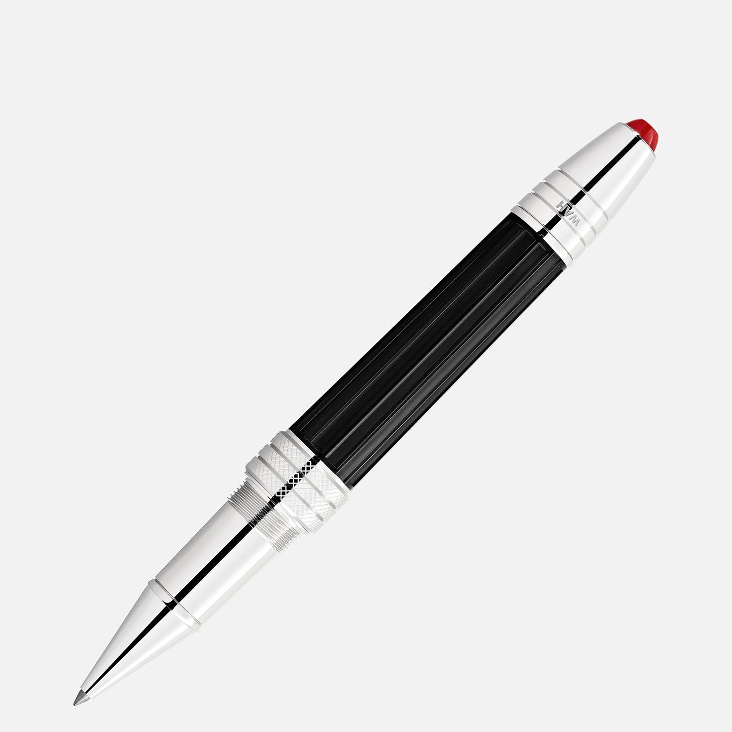 The Montblanc Great Characters Jimi Hendrix Special Edition Rollerball Pen, boasting a sleek black and silver design with a red-tipped cap, ribbed body, and shiny metallic accents, is set against a plain white background.