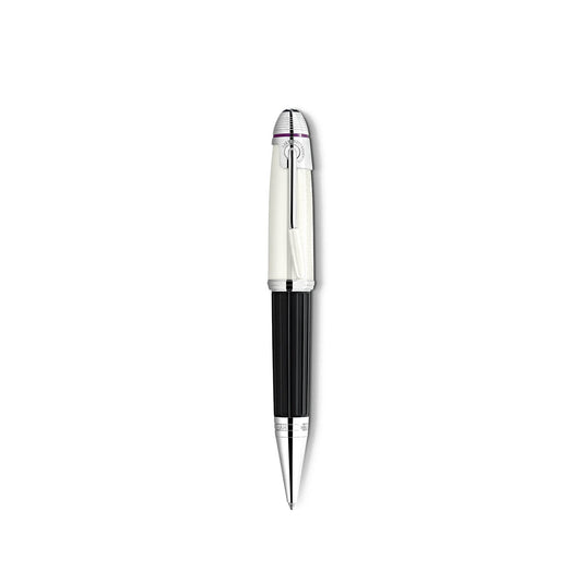 The Montblanc Great Characters Jimi Hendrix Special Edition Ballpoint Pen, featuring a black barrel with silver accents that exude a timeless elegance akin to classic Montblanc designs, is topped with a transparent cap. The pen is showcased against a plain white background.
