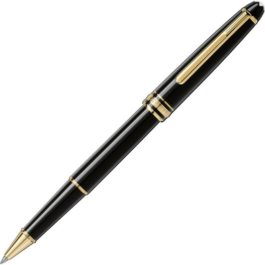 A sleek black rollerball pen with gold accents, viewed at an angle. The Montblanc Meisterstuck Classique has a shiny finish crafted from precious resin and features a clip on the cap, embodying timeless elegance.