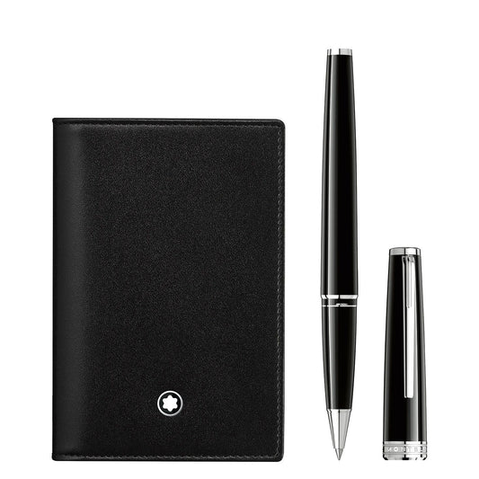 The Montblanc PIX Black Rollerball Pen and Black Meisterstuck Business Card Holder Set exudes sophistication with a full-grain cowhide business card holder featuring a subtle emblem on the corner. The accompanying sleek black rollerball pen with matching cap, adorned with silver accents, perfectly complements the minimalist and elegant design characteristic of Montblanc.