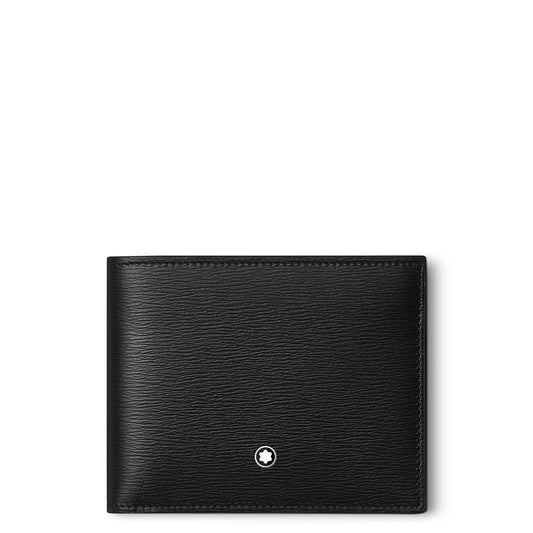 The Montblanc Meisterstuck 4810 Leather Wallet 6cc, by Montblanc, is a black leather wallet featuring a small circular logo in the bottom center. This stylish accessory, with Style number 129242, showcases a textured surface against a plain white background.