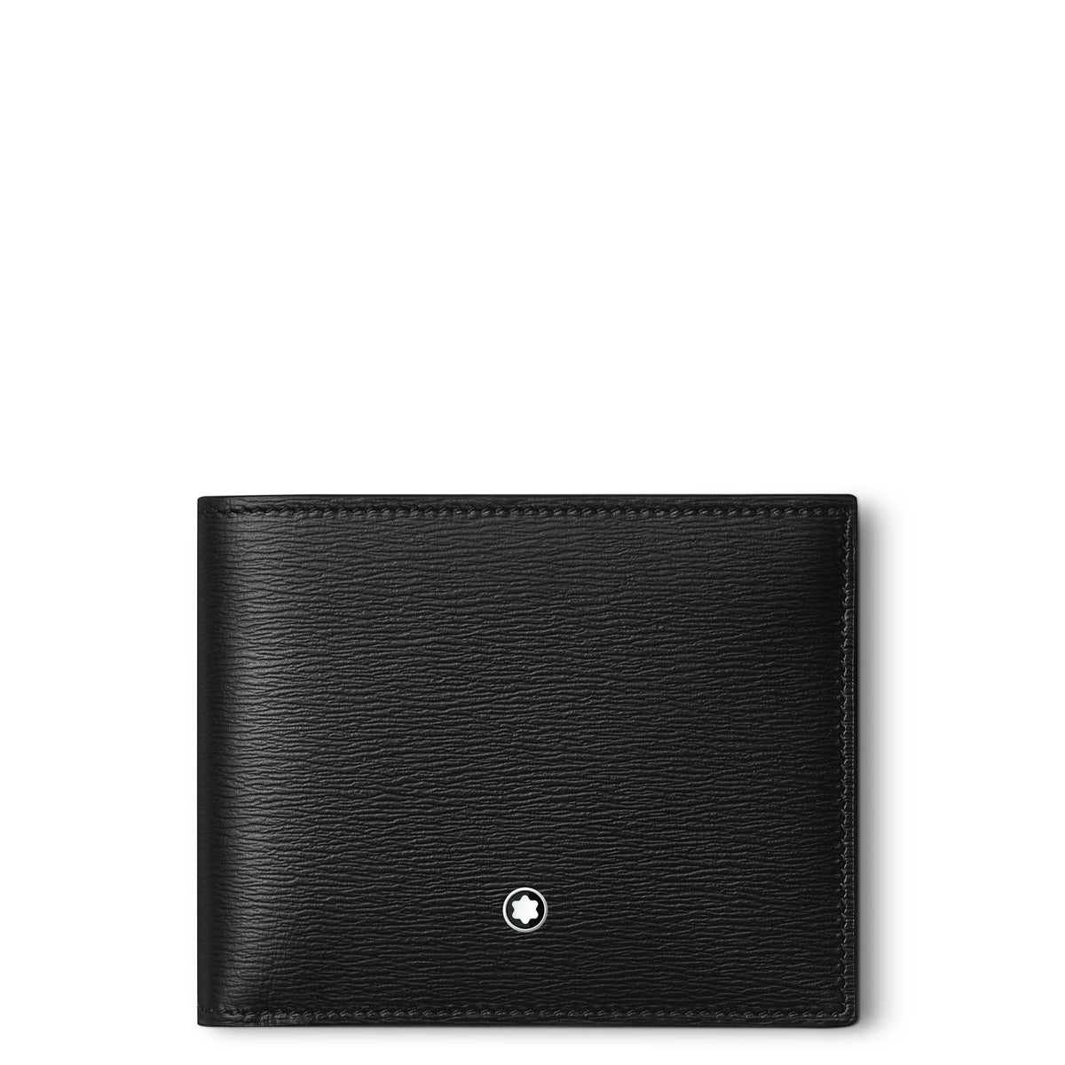 The Montblanc Meisterstück 4810 Leather Wallet 6cc is a stylish accessory made from black leather with a textured finish, and it features a small Montblanc emblem on the lower front. Photographed against a white background, this sleek wallet adds an element of sophistication to any ensemble.