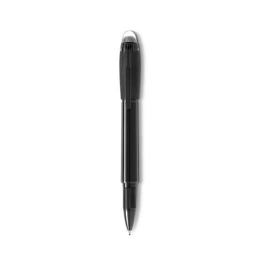 The Montblanc StarWalker Black Cosmos Fineliner Pen is shown vertically against a white background, showcasing its space-inspired elegance with a sleek black design and clear tip.