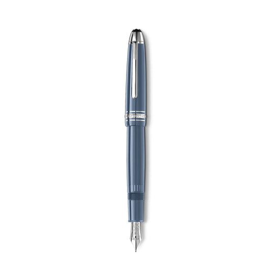 The Montblanc Meisterstück Glacier LeGrand Blue Fountain Pen is an exquisite creation by Montblanc, featuring a stunning blue finish complemented by a polished silver clip and detailing. Its sophisticated nib elegantly stands out against a simple white backdrop.