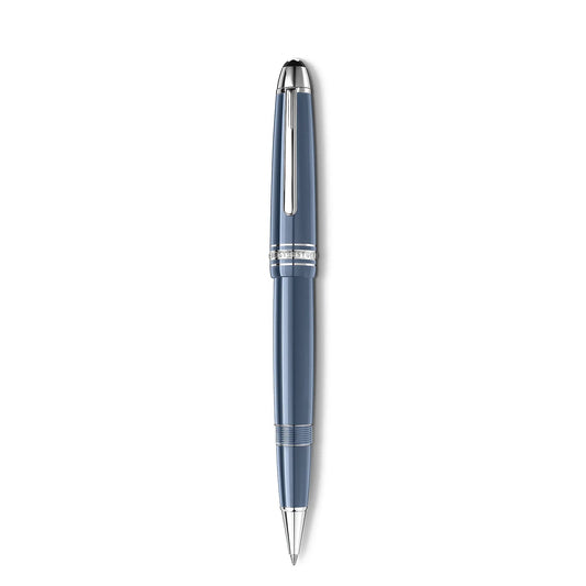 A sophisticated Montblanc Meisterstück Glacier LeGrand rollerball pen in blue, featuring silver accents like a pocket clip and an intricately designed cap band, showcased vertically on a white background.