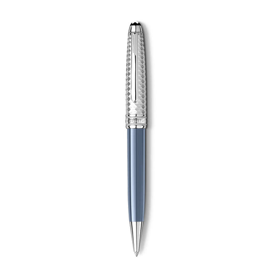 The Montblanc Meisterstuck Glacier Doue Ballpoint Pen, crafted from a striking blue precious resin, showcases a platinum-coated metal cap and clip. The pen stands vertically against a white background.
