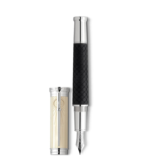 Presenting the Montblanc Writers Edition Homage to Robert Louis Stevenson Limited Edition Fountain Pen, a luxurious writing instrument featuring a silver nib. Its white cap, adorned with decorative patterns and silver detailing, conjures themes from "Treasure Island." The black textured barrel enhances the design with its striking contrast against sleek silver accents.