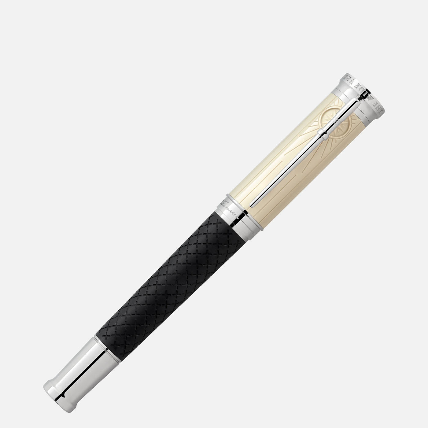 The Montblanc Writers Edition Homage to Robert Louis Stevenson Limited Edition Rollerball Pen exudes luxury with its textured black grip and gleaming silver accents. The cap, inspired by Robert Louis Stevenson, features a beige design with a silver band, showcased against a plain white background.