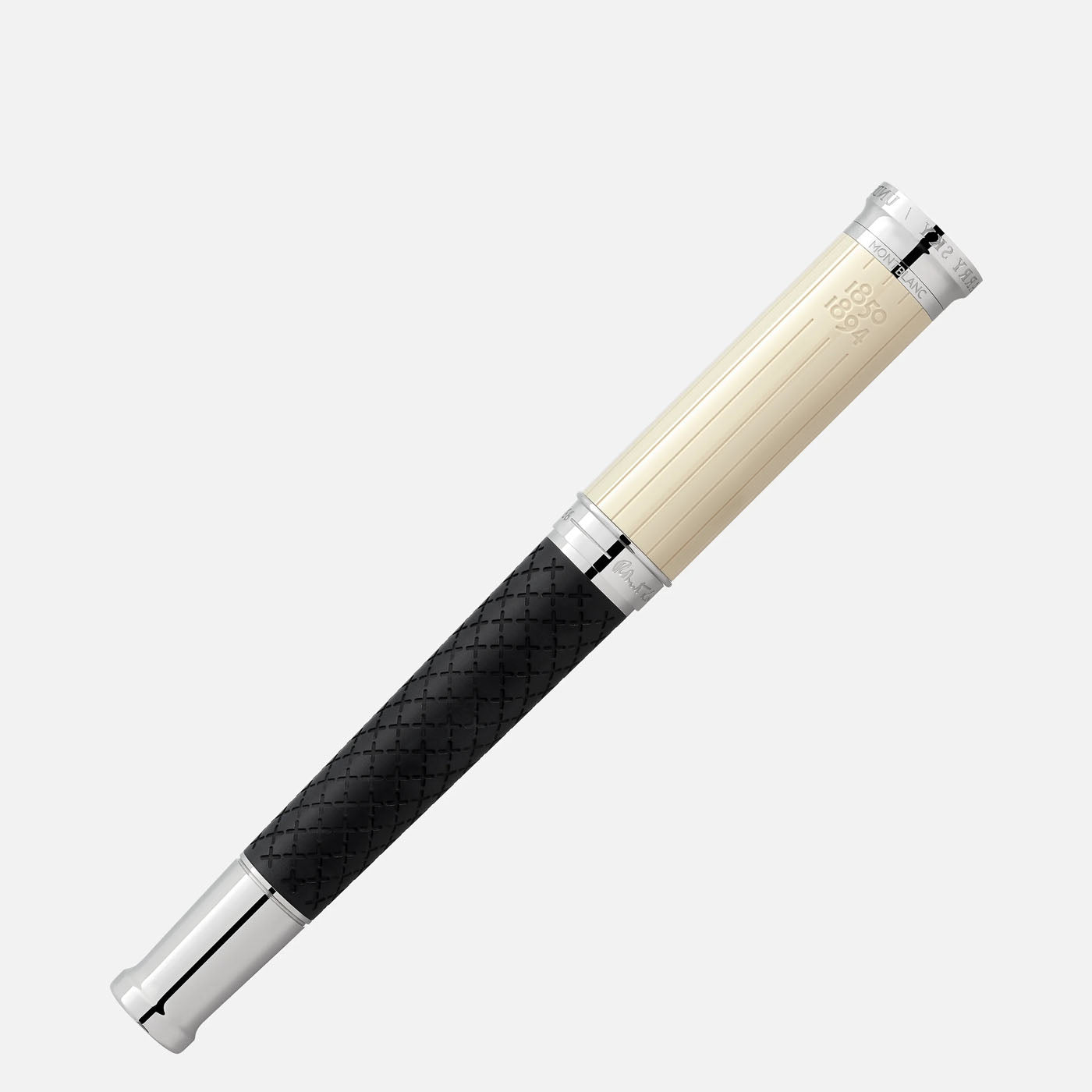 Discover the Montblanc Writers Edition Homage to Robert Louis Stevenson Limited Edition rollerball pen, inspired by *Treasure Island*. Featuring a cream-colored cap and a textured black barrel with silver accents, it serves as an exquisite tribute to Robert Louis Stevenson.