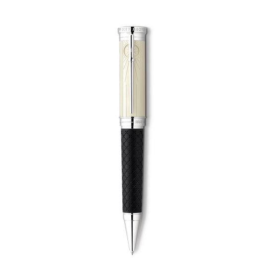 A sleek and elegant Montblanc Writers Edition Homage to Robert Louis Stevenson Limited Edition Ballpoint Pen with a luxurious silver cap featuring an intricate design, a cream-colored section, and a textured black barrel that exudes sophistication and refinement reminiscent of a Robert Louis Stevenson classic.