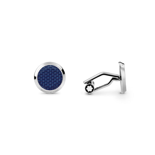 A pair of round, silver cufflinks from the Montblanc Meisterstuck Glacier Collection, showcasing textured blue centers. One cufflink is displayed face-up while the other is shown from the side to emphasize its fastening mechanism. Item 129492 represents sophisticated design.