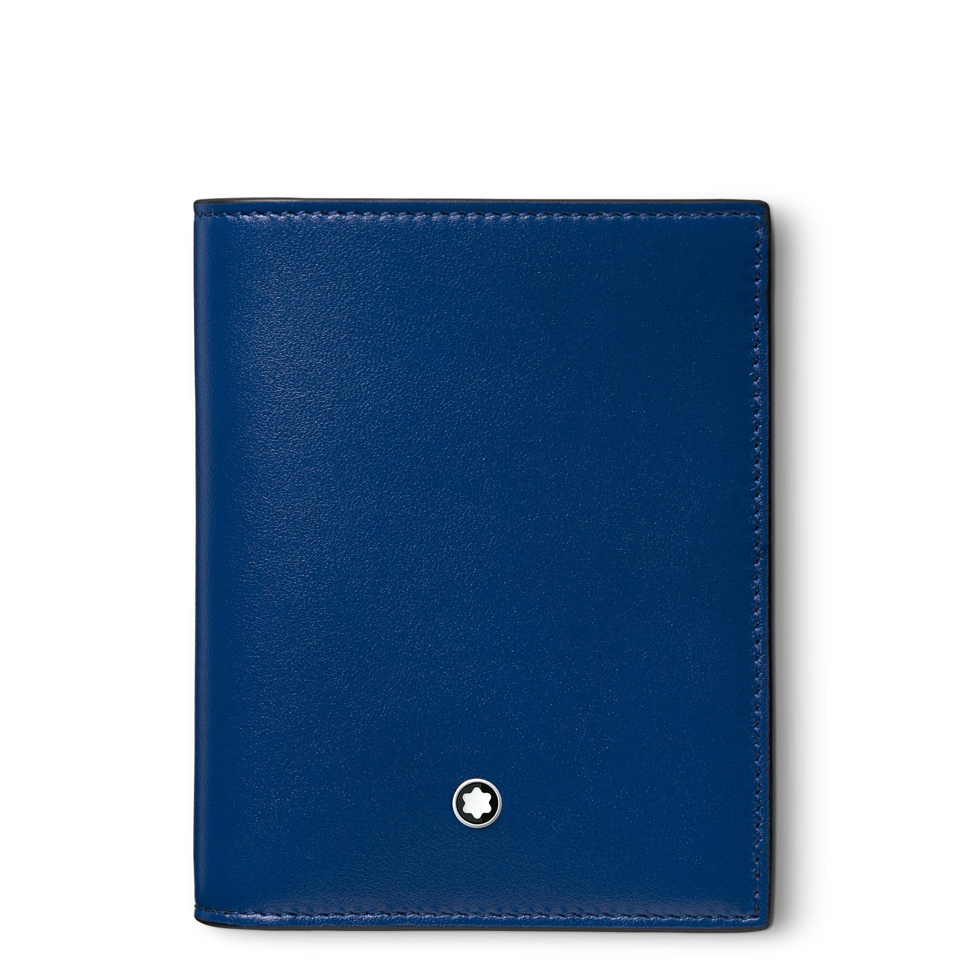 The Montblanc Meisterstuck Compact Leather Wallet 6cc, featuring a smooth leather texture, comes in a compact blue form with Montblanc's iconic small round star logo near the bottom. Its elegant and sophisticated design makes it an exquisite accessory.