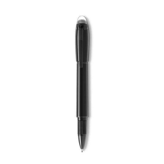 The Montblanc Starwalker Black Cosmos Precious Resin Fineliner Pen is a black retractable pen with a sleek, glossy finish reminiscent of the StarWalker series. It features a clear tip and clip on the cap, embodying the elegance of BlackCosmos, pictured against a plain white background.