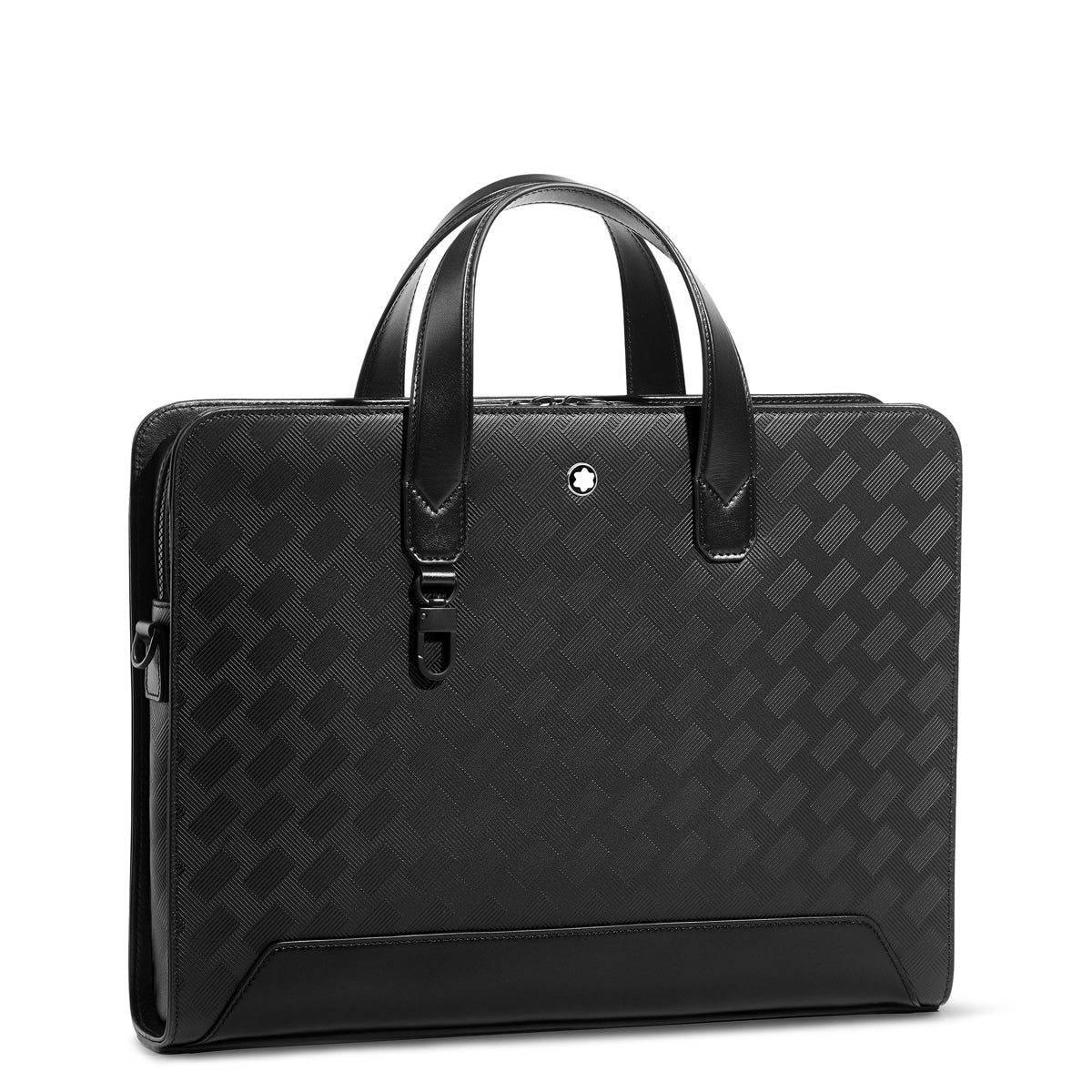The Montblanc Extreme 3.0 Black Leather Document Case combines modernity and professionalism with its streamlined leather and understated checkered design. It includes dual handles, carries the style number 129962, and is accented with a polished silver logo emblem near the top.