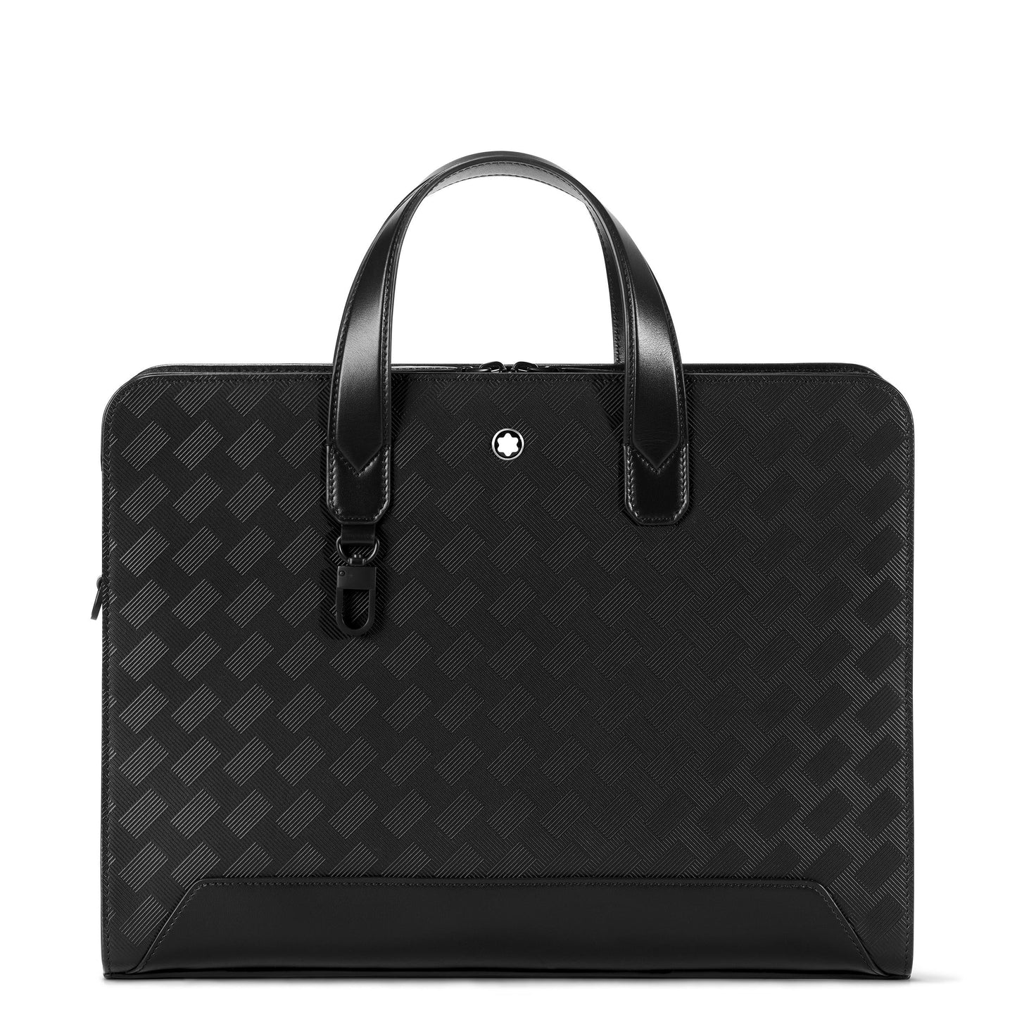 The Montblanc Extreme 3.0 Black Leather Document Case is crafted with a modern checkered pattern design. It includes sturdy handles, a secure zipper closure, and is adorned with a small emblem near the top, bringing an elegant sophistication to enhance your professional appearance.