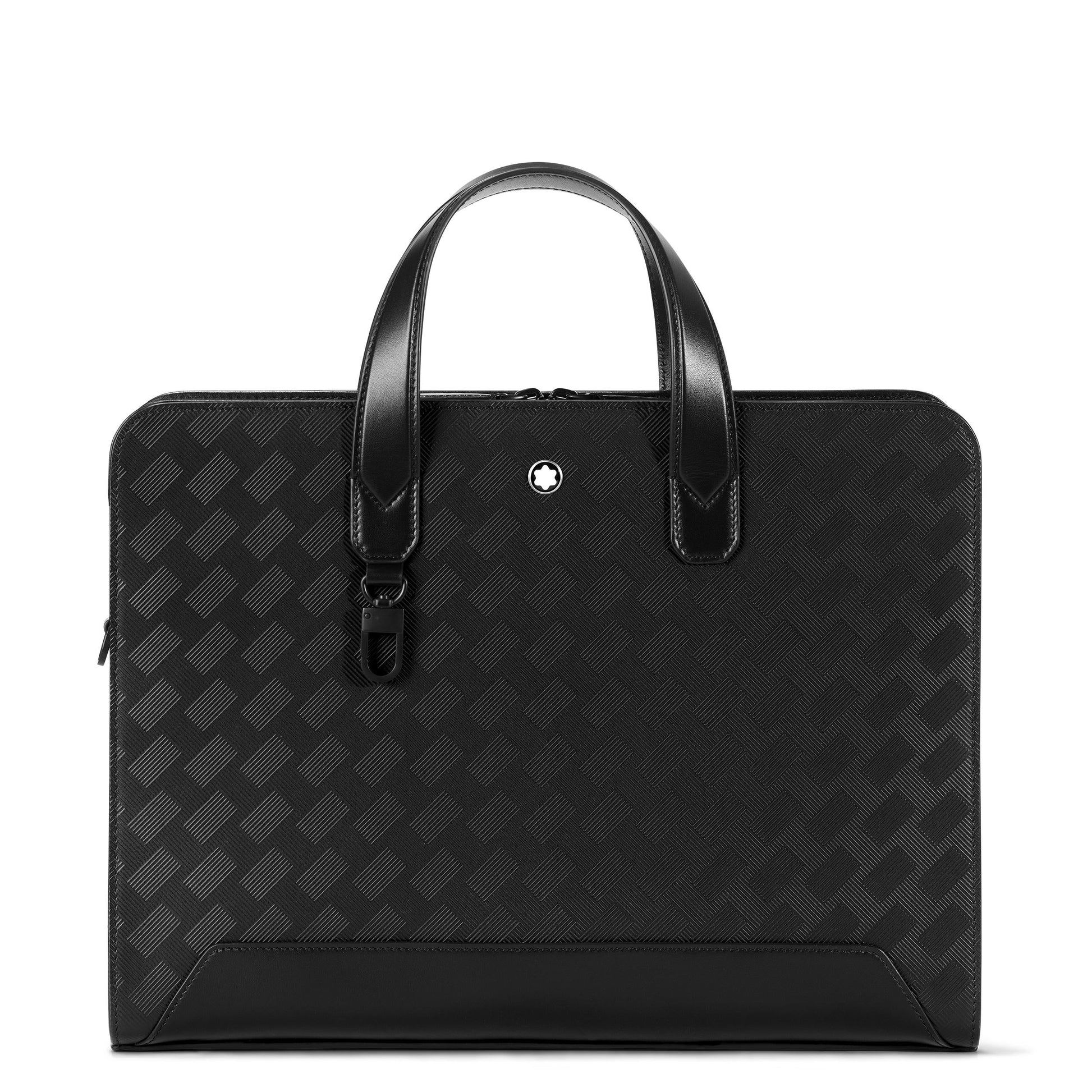 The Montblanc Extreme 3.0 Black Leather Document Case is crafted with a modern checkered pattern design. It includes sturdy handles, a secure zipper closure, and is adorned with a small emblem near the top, bringing an elegant sophistication to enhance your professional appearance.